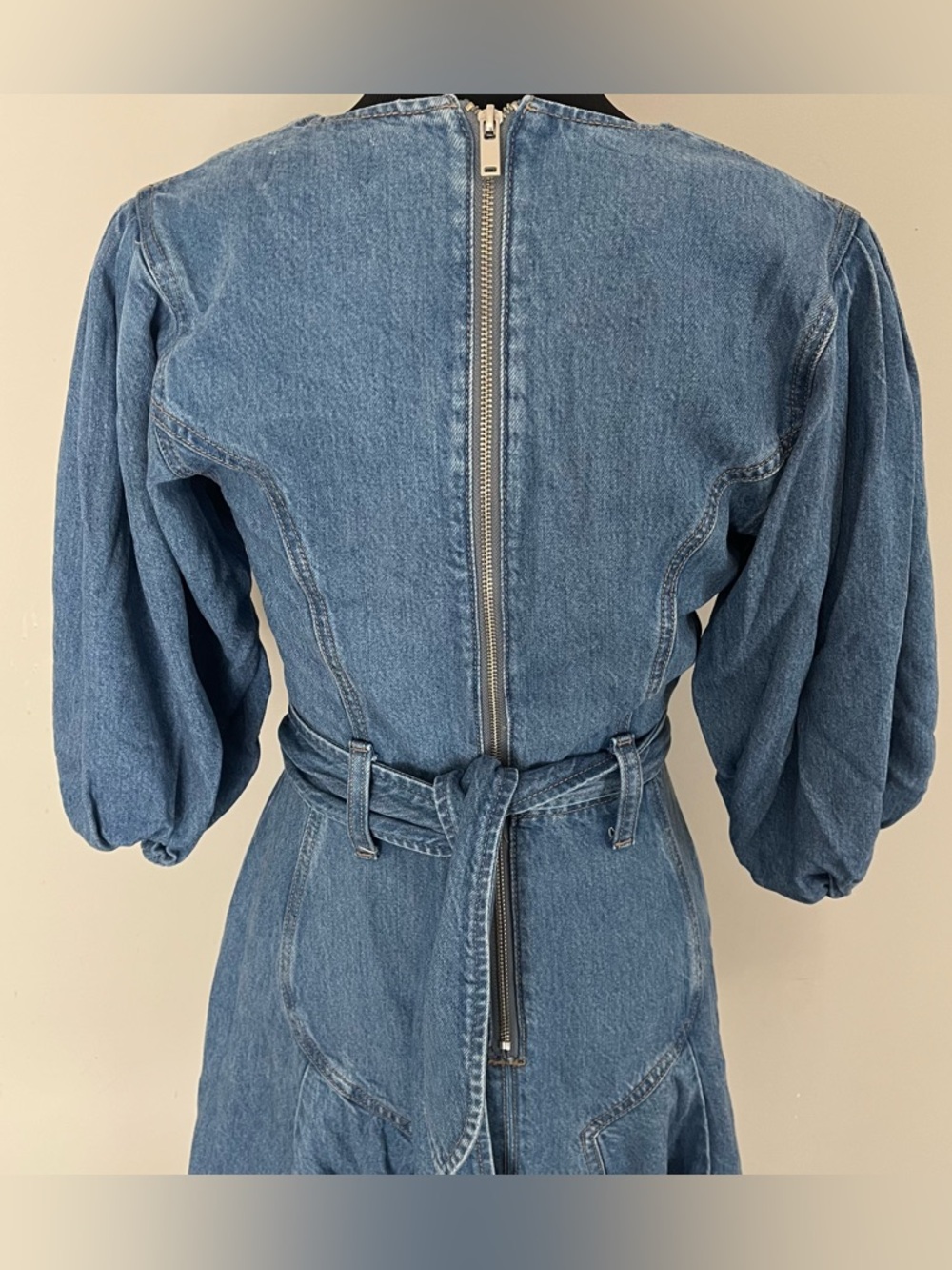 7 For All Mankind denim mini dress V-neckline voluminous puff lantern sleeve - Picture 5 of 11